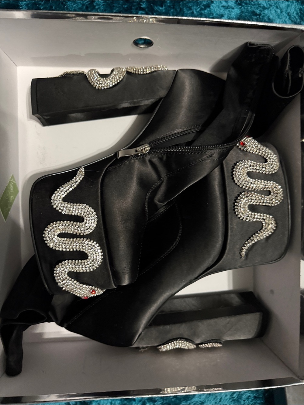 Crystal Snake Embellished Black Heeled Ankle Boots